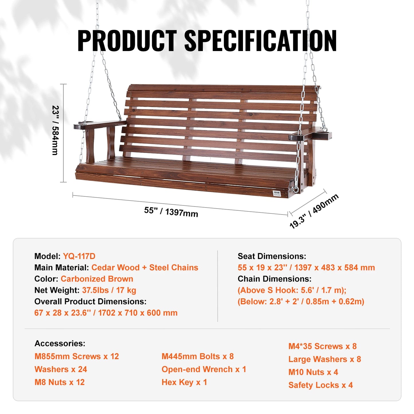 SucceBuy Cedar Wood Porch Swing Outdoor Bench With Steel Chains 880 LB Capacity