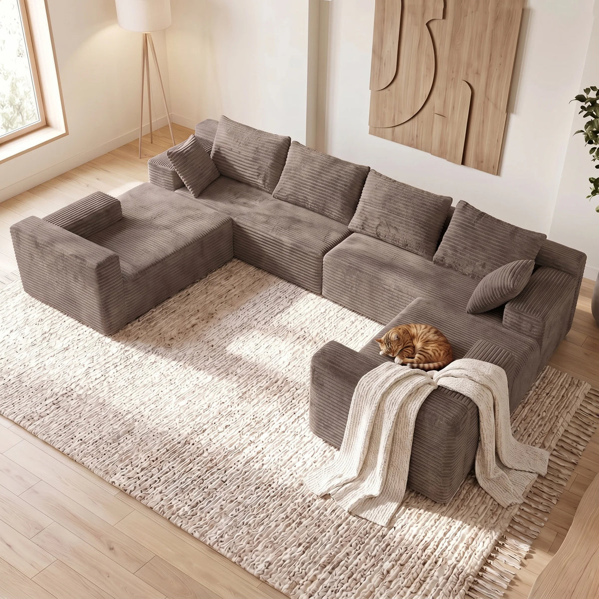 Modern U Shaped Corduroy Sectional Sofa With Comfortable Seating