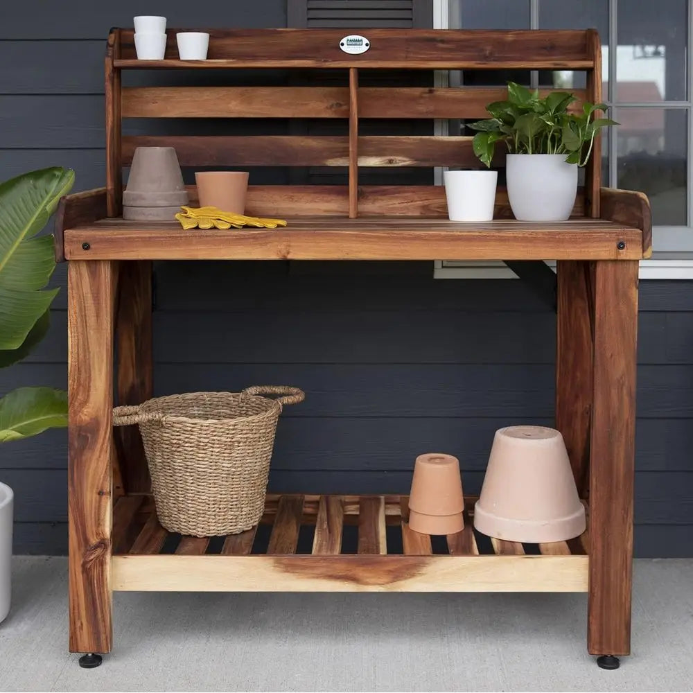 Acacia Wood Garden Potting Bench With Serving Bar Outdoor