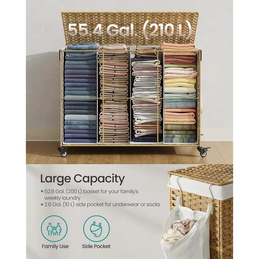 4 Section Rolling Laundry Hamper Lid Wheels Removable Liner