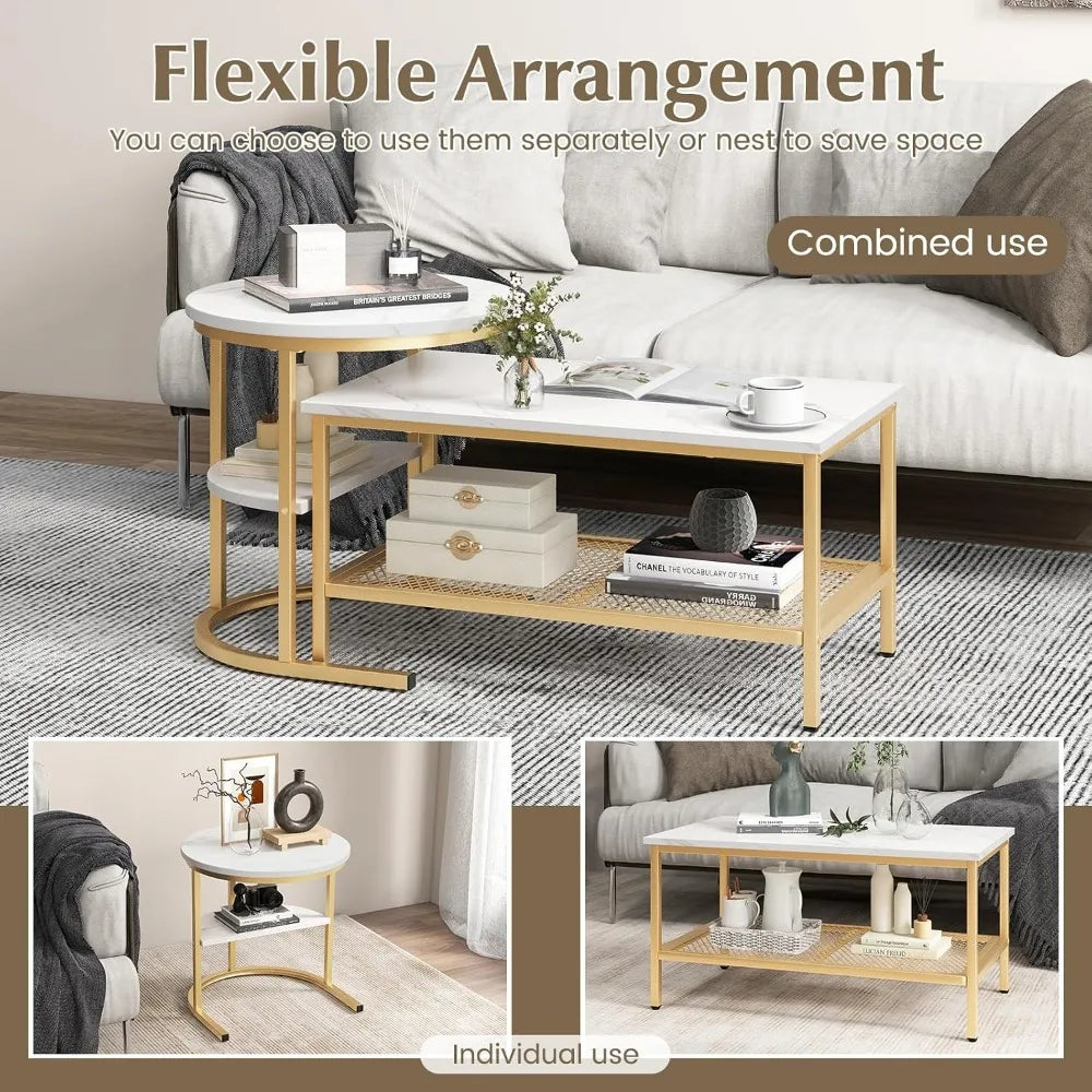 Nesting Coffee Table Set With Faux Marble and Metal Frame