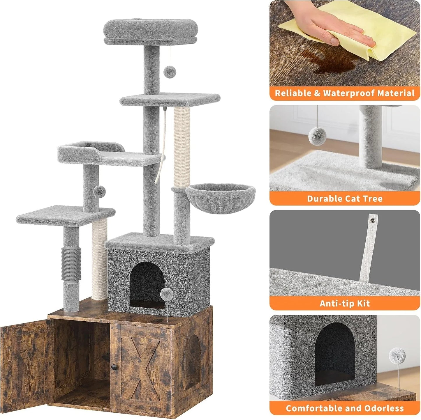 Three In One Modern Cat Tree With Hidden Litter Box Enclosure And Odor Control