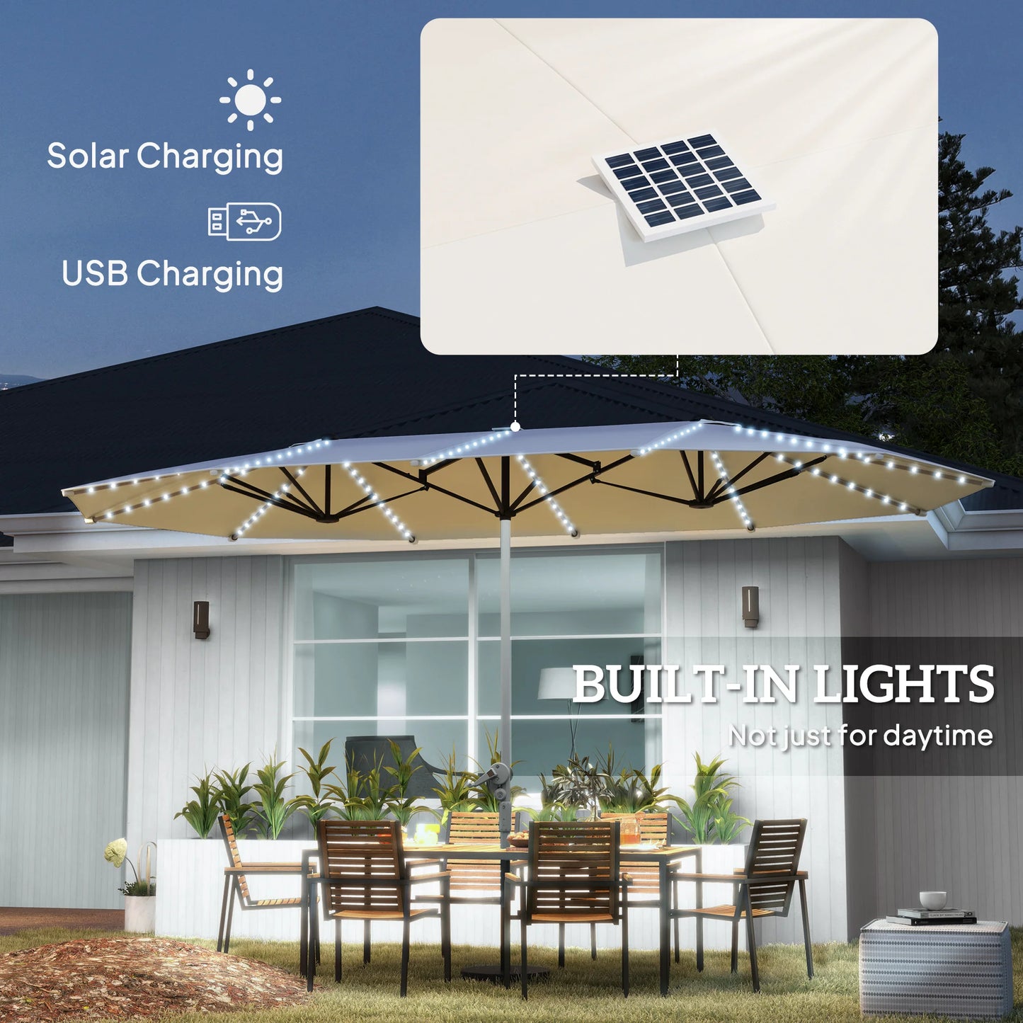 Patio Umbrella With Built-In Solar Lights UPF50+ For Outdoor Use