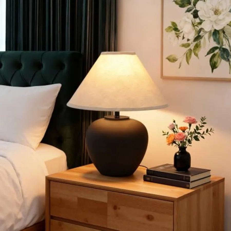 Ceramic Pot Table Lamp 18.5 inch Circular Frosted Nightstand Lamp Tapered Fabric Shade Bedside Ceramic Decorative for Living Ro