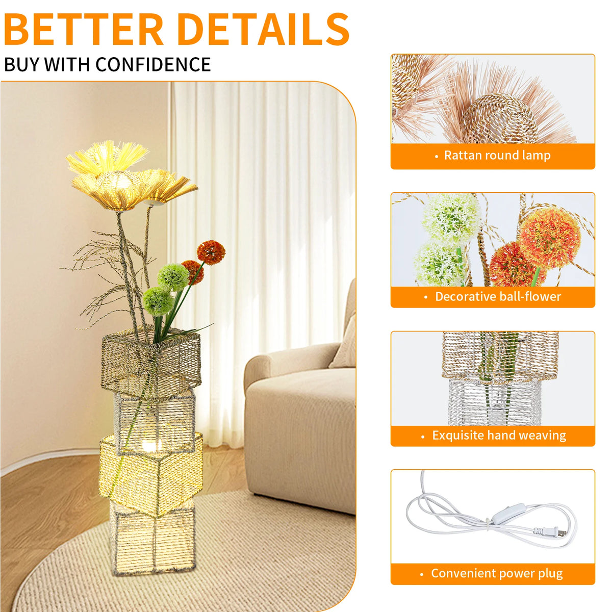 Modern Rattan Floor Lamp Featuring Dimmable LED And Flower Design