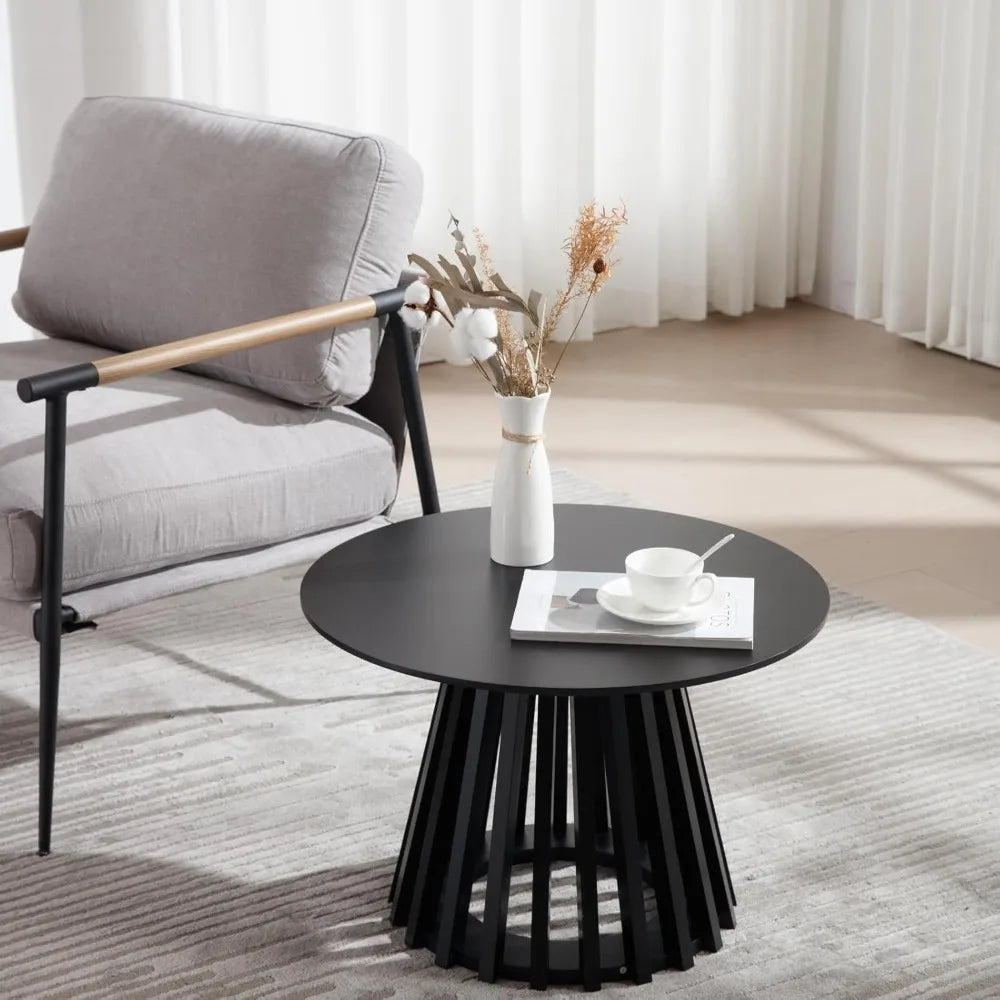 Round Coffee Table Modern Pedestal Wood Top Living Room