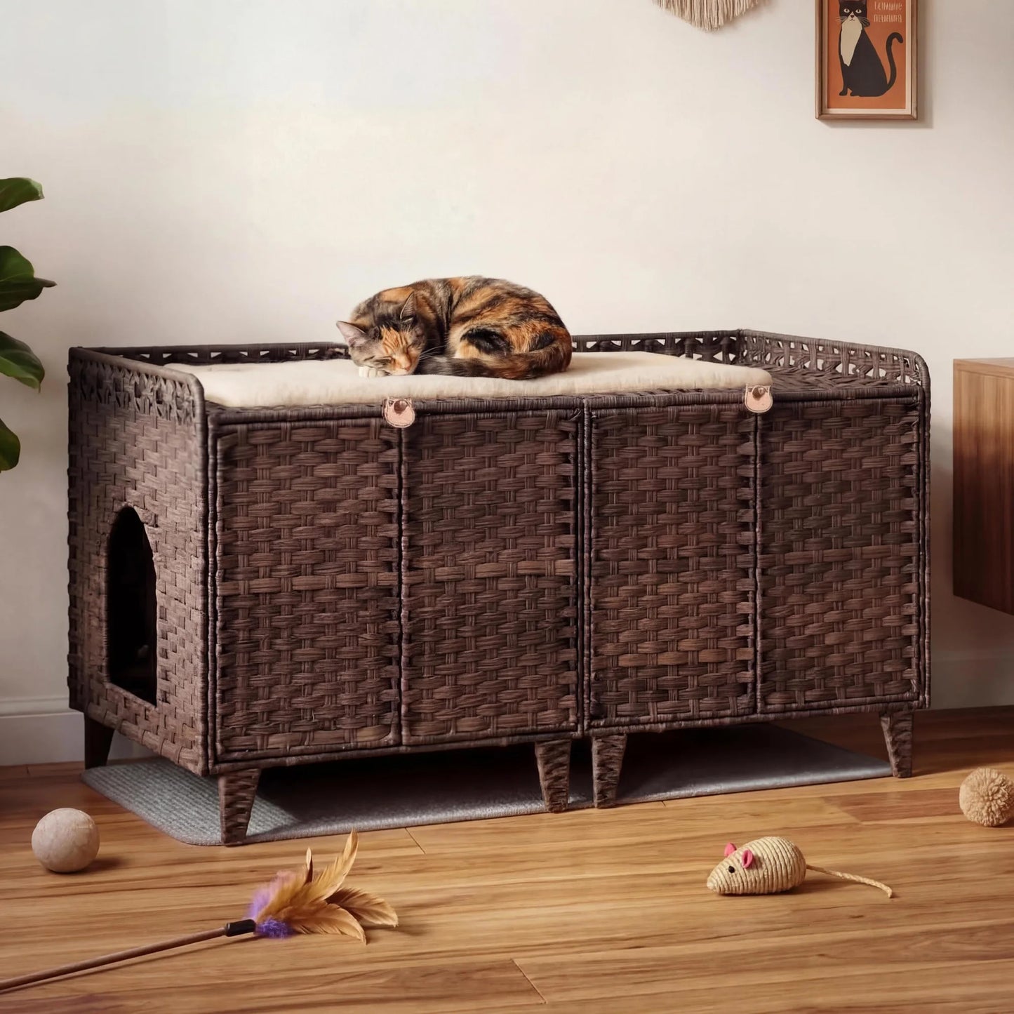 DishyKooker Litter Box Enclosure for Two Cats Rattan Cat Furniture