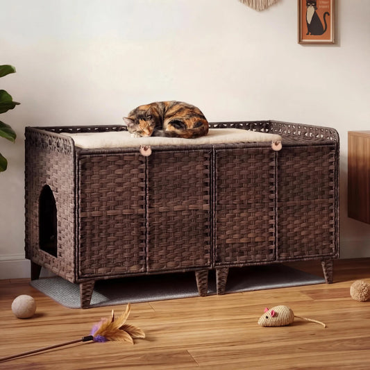 DishyKooker Litter Box Enclosure for Two Cats Rattan Cat Furniture