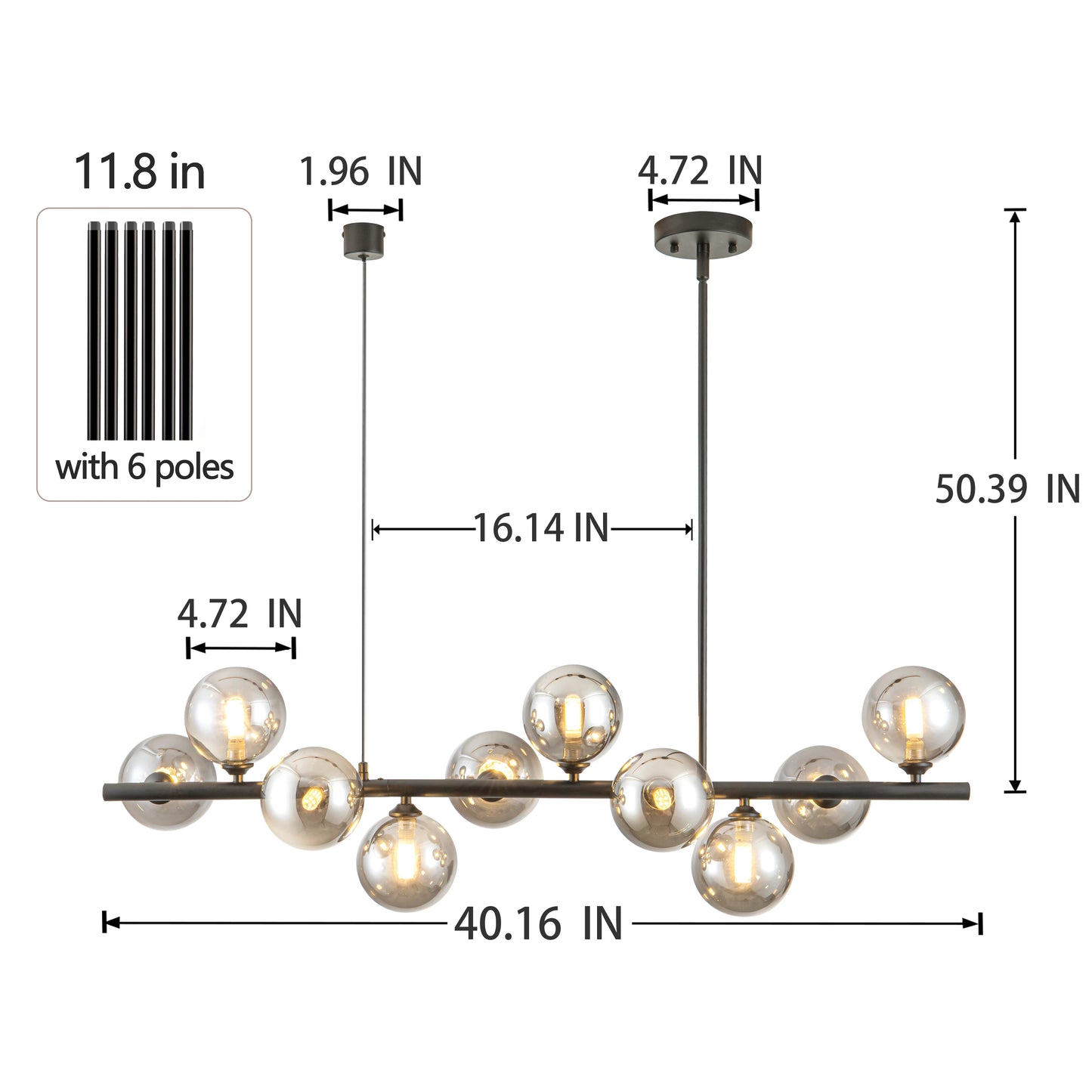 10 Light Adjustable Chandelier Smoked Glass Globes Mid Century Modern