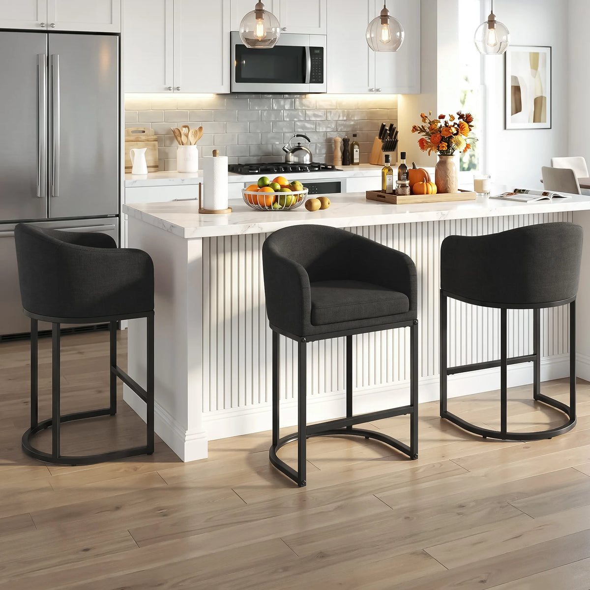 Modern Upholstered Counter Bar Stools With Curved Backrest And Armrests