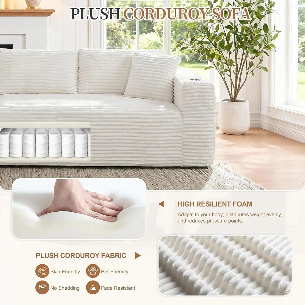 L Shaped Chaise Couch With Cup Holders Plush Corduroy Memory Foam