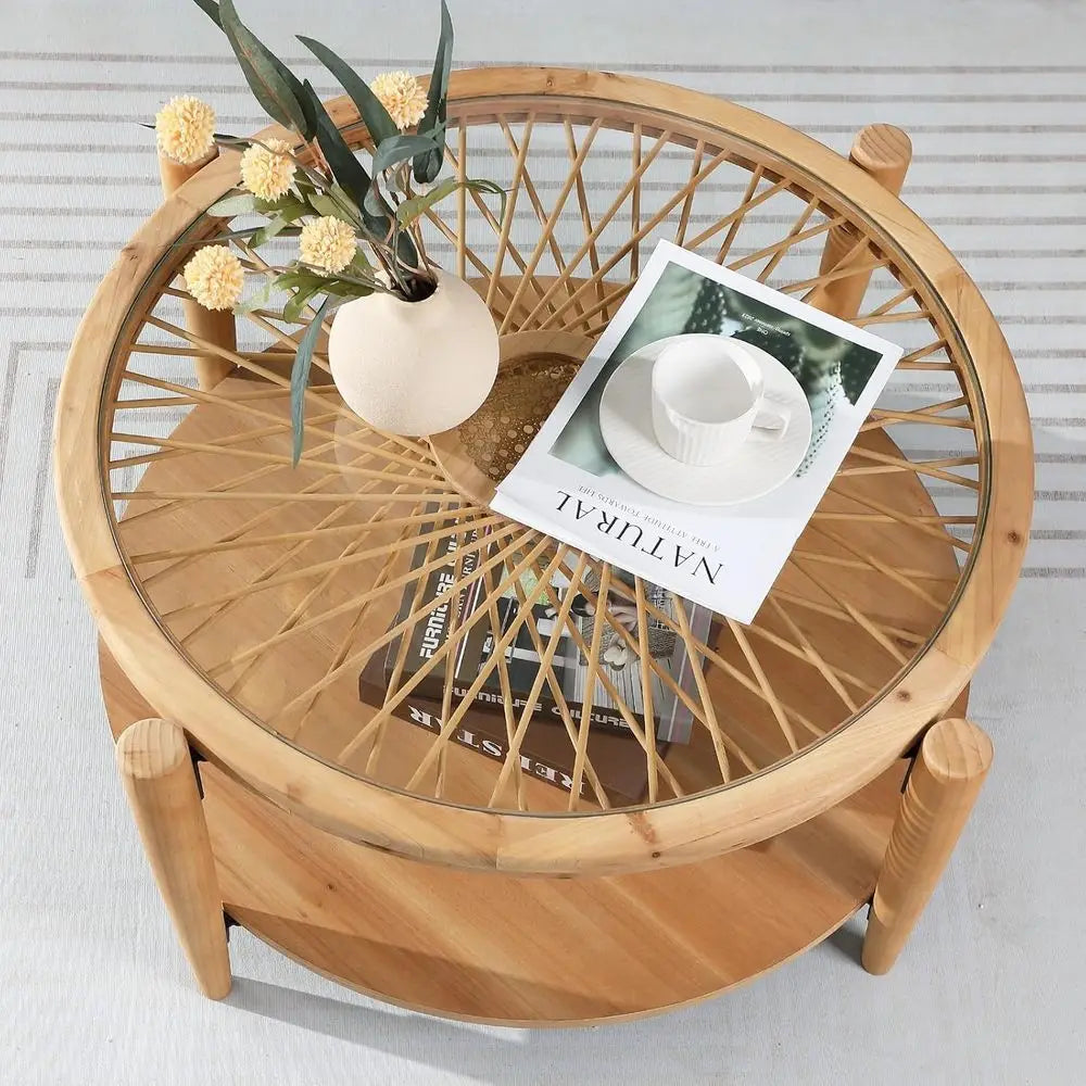 Two Tier Round Rattan Coffee Table With Tempered Glass Top