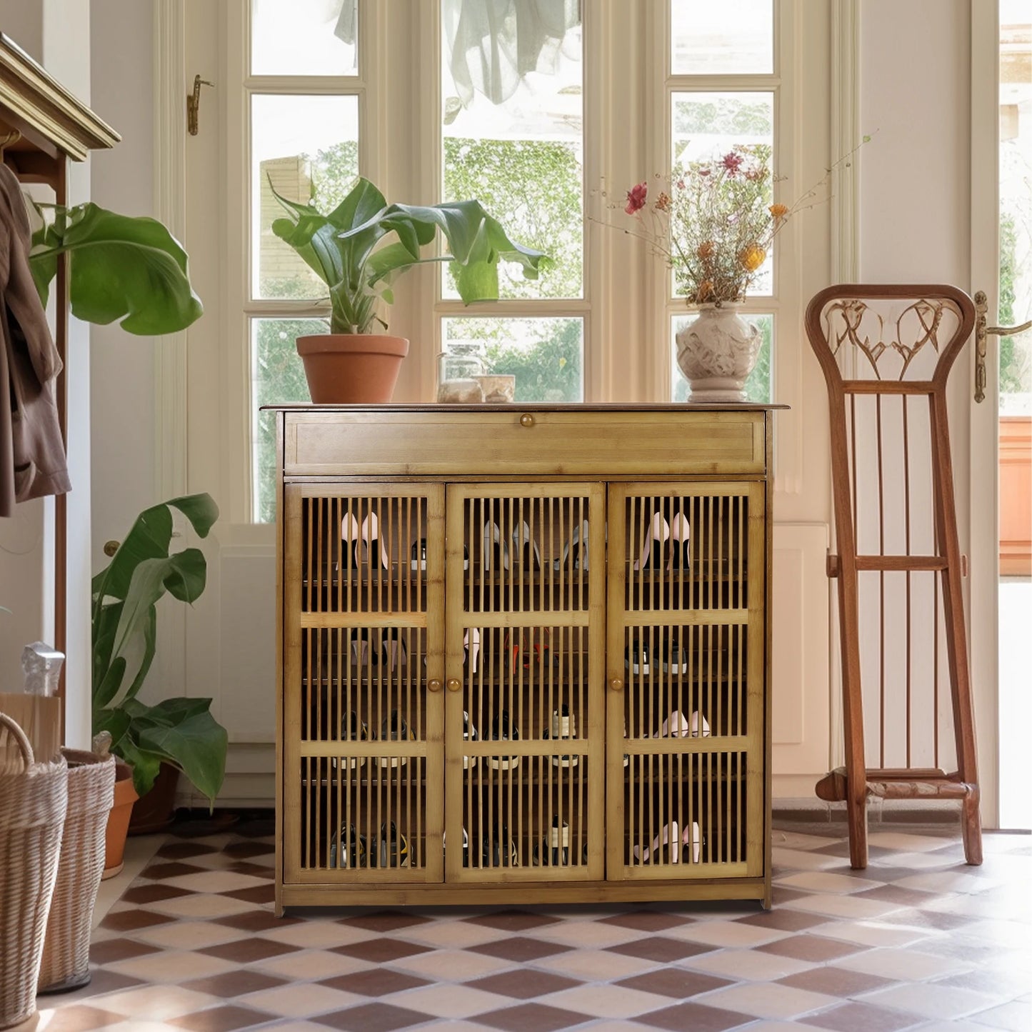 Bamboo Shoe Storage Cabinet With Hollow Doors For Entryway