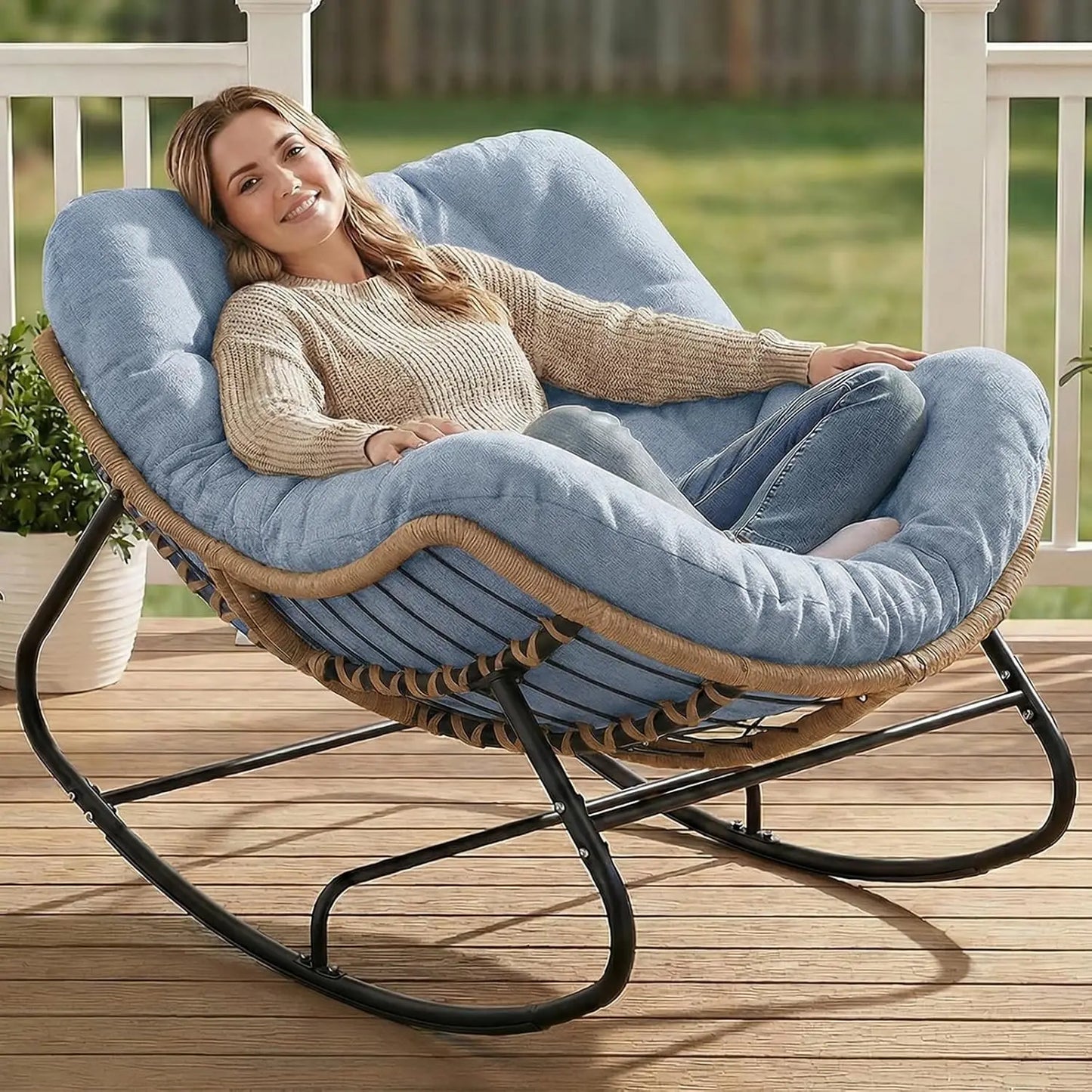 GUOHE Outdoor Papasan Rocking Chair With Thick Cushion