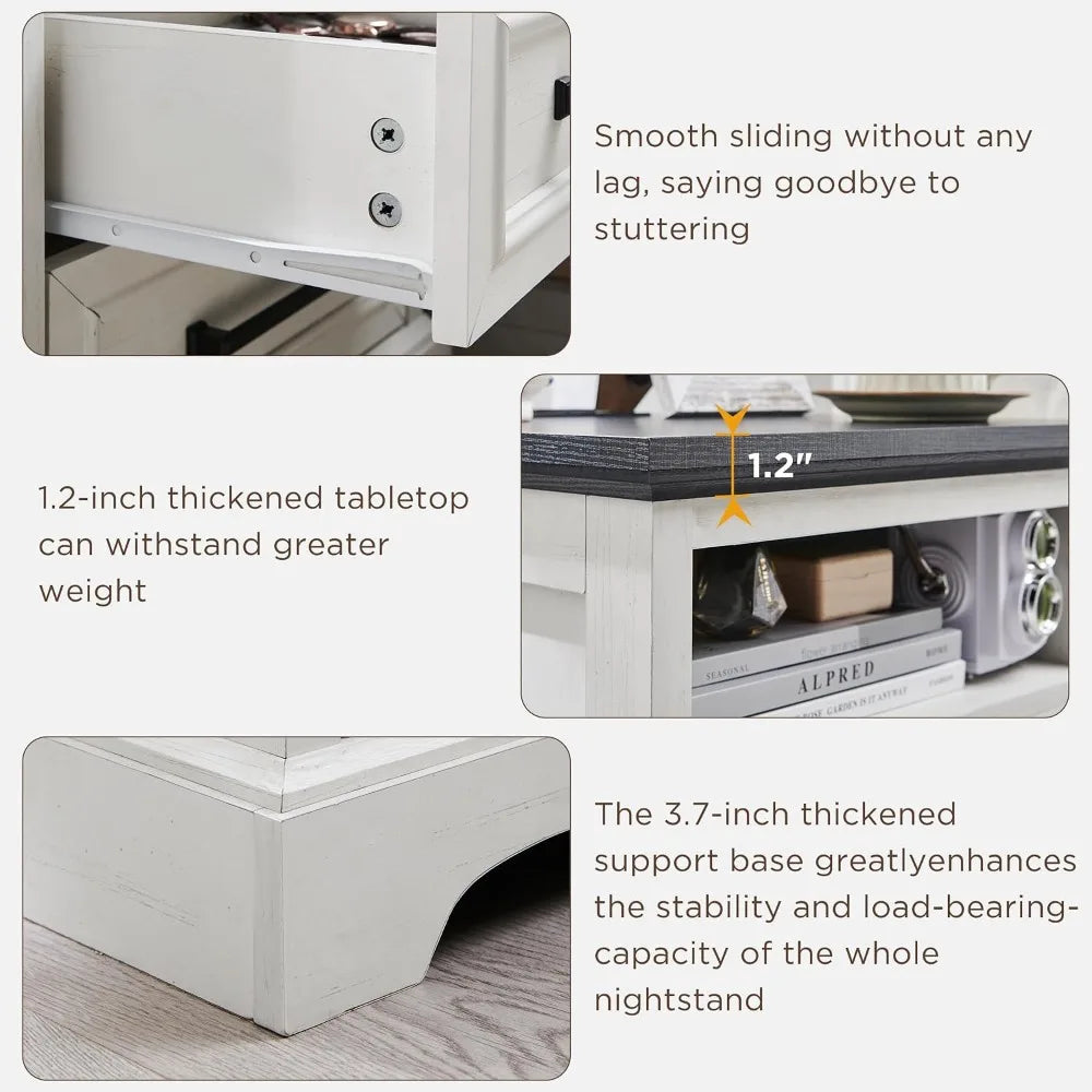 Farmhouse Nightstands Set Of Two Drawers And Charging Station