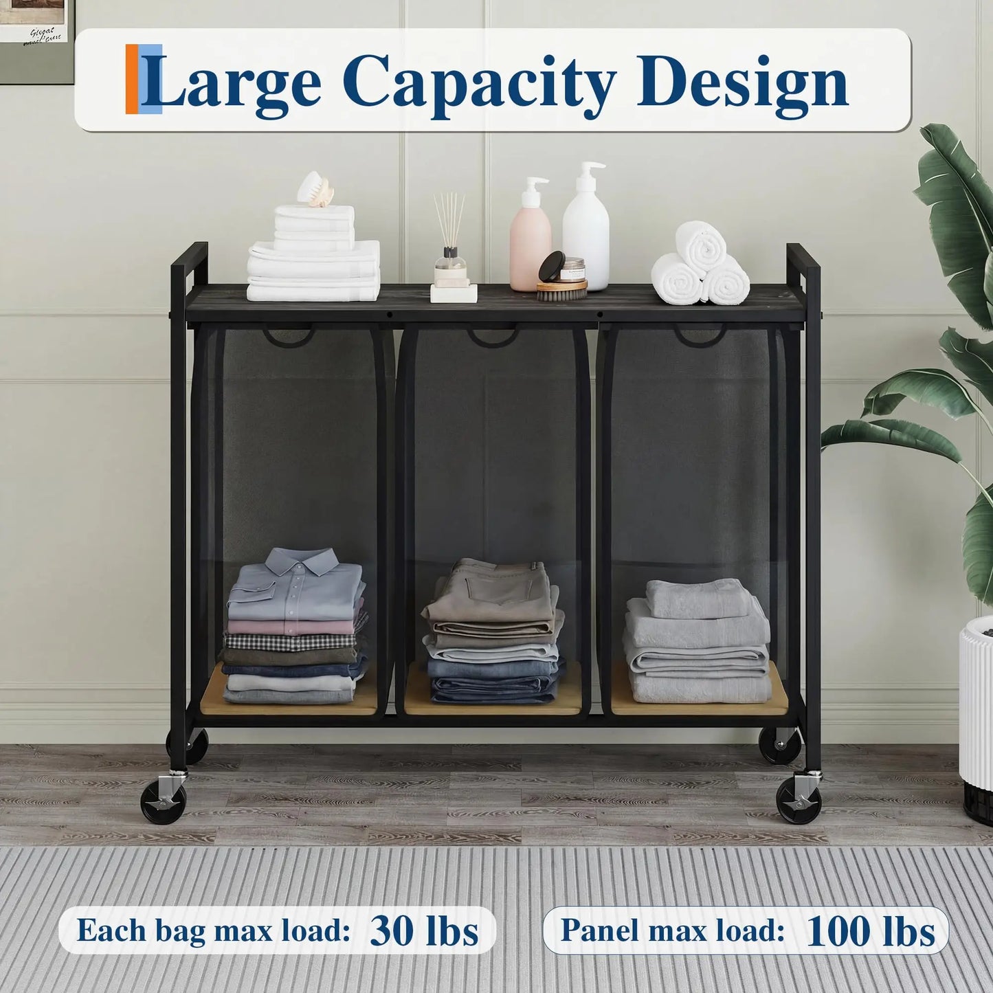 HiMISS Rolling Laundry Hamper With Shelf 3 Section Sorter