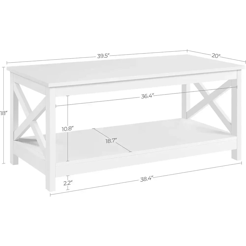 Two Tier Wood Coffee Table With Storage Shelves Living Room