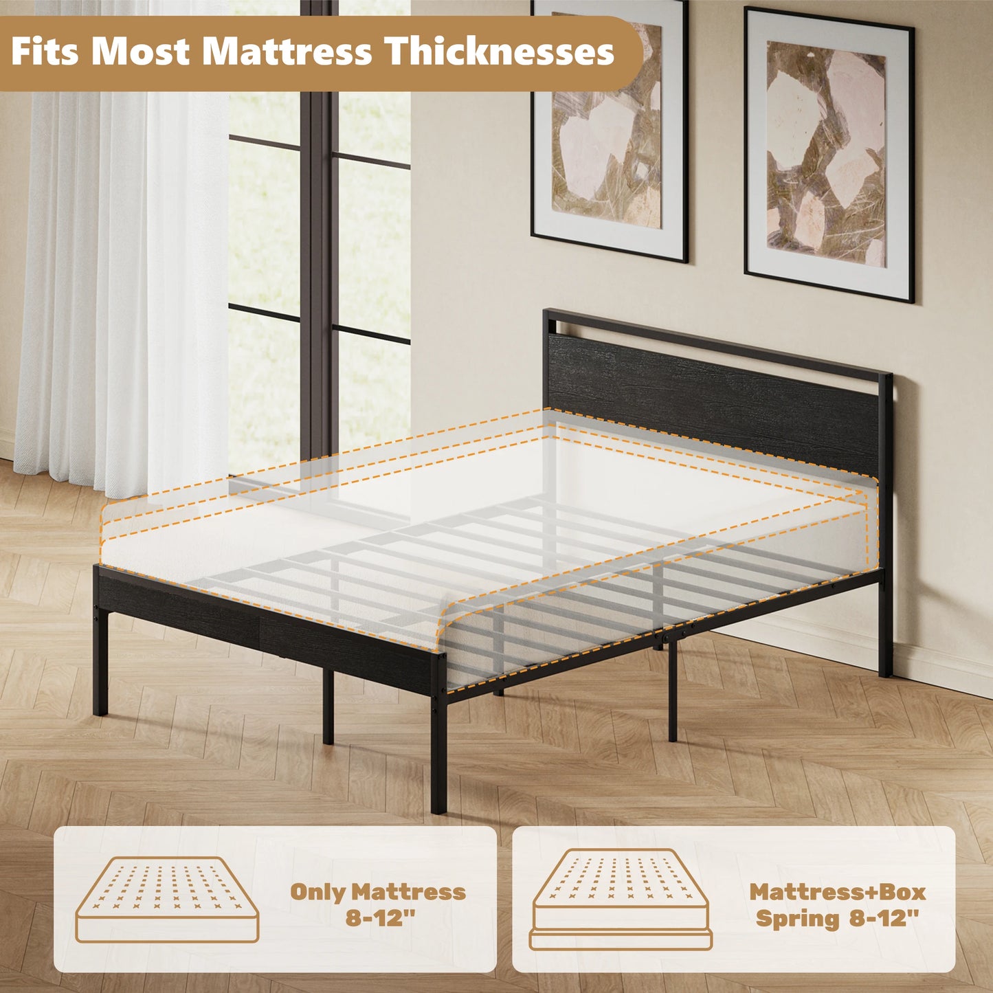 JHK Heavy Duty Metal Bed Frame With Wood Headboard