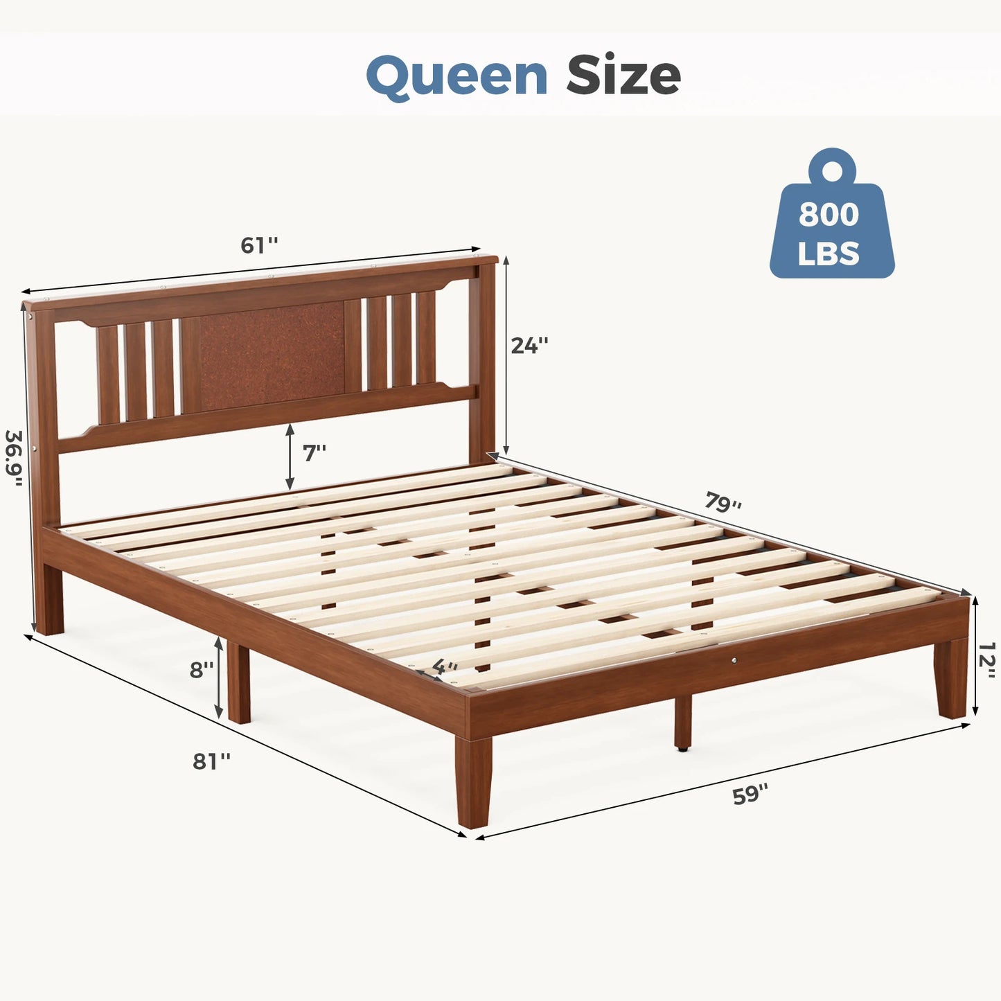 MCQ Wood Platform Bed Frame With Headboard Solid Pine Slat Support