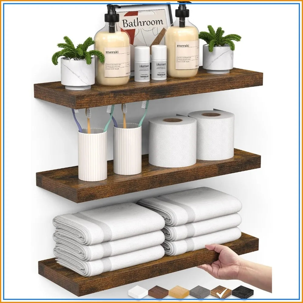 Set Of 3 Rustic Floating Shelves For Wall Farmhouse Wood Storage