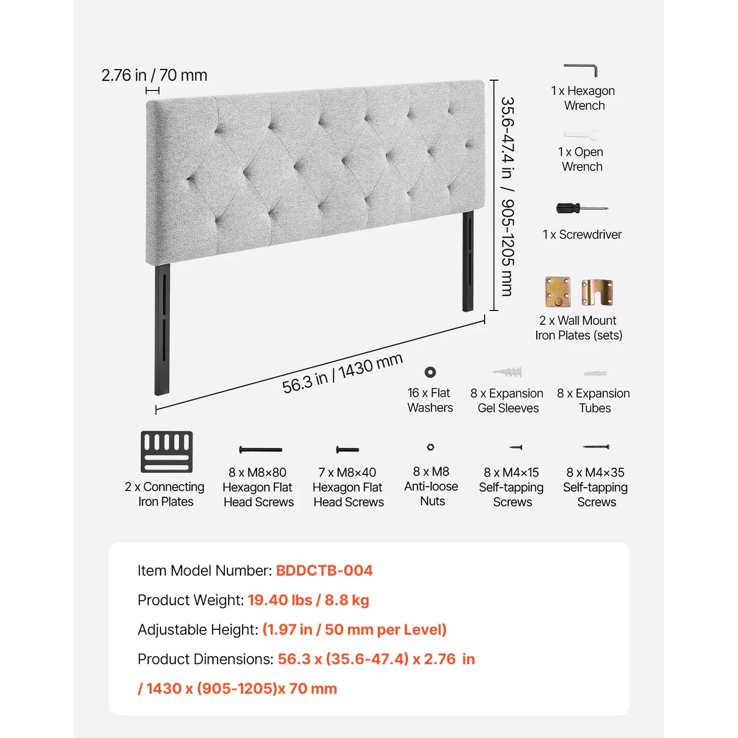 SucceBuy Adjustable Height Diamond Tufted Headboard for Beds