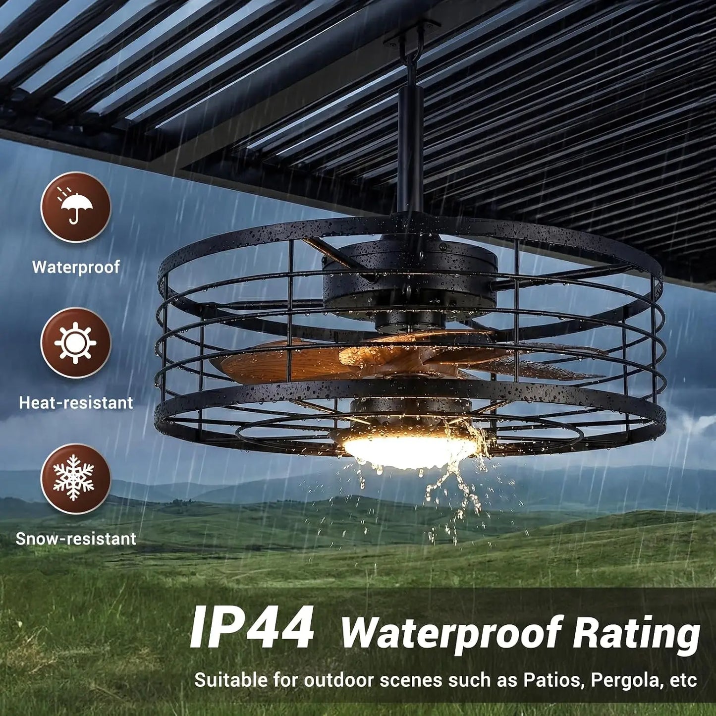 Metal Cage Ceiling Fan With Light Remote DC Motor Dimmable LED