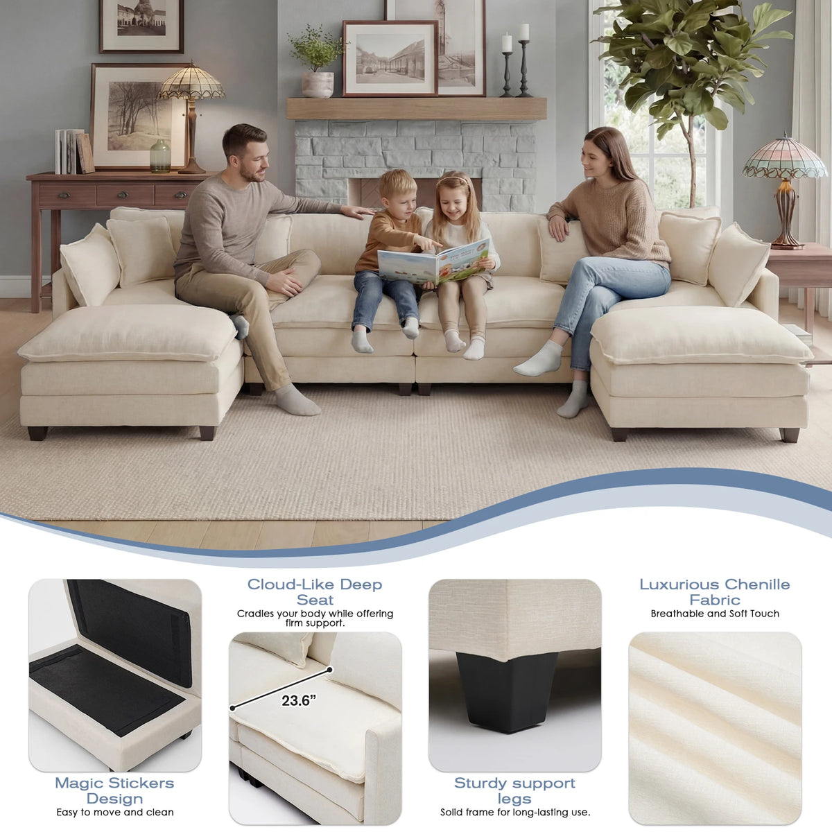 Modular Sectional Sofa With Ottoman, Deep Seat Cloud Couch