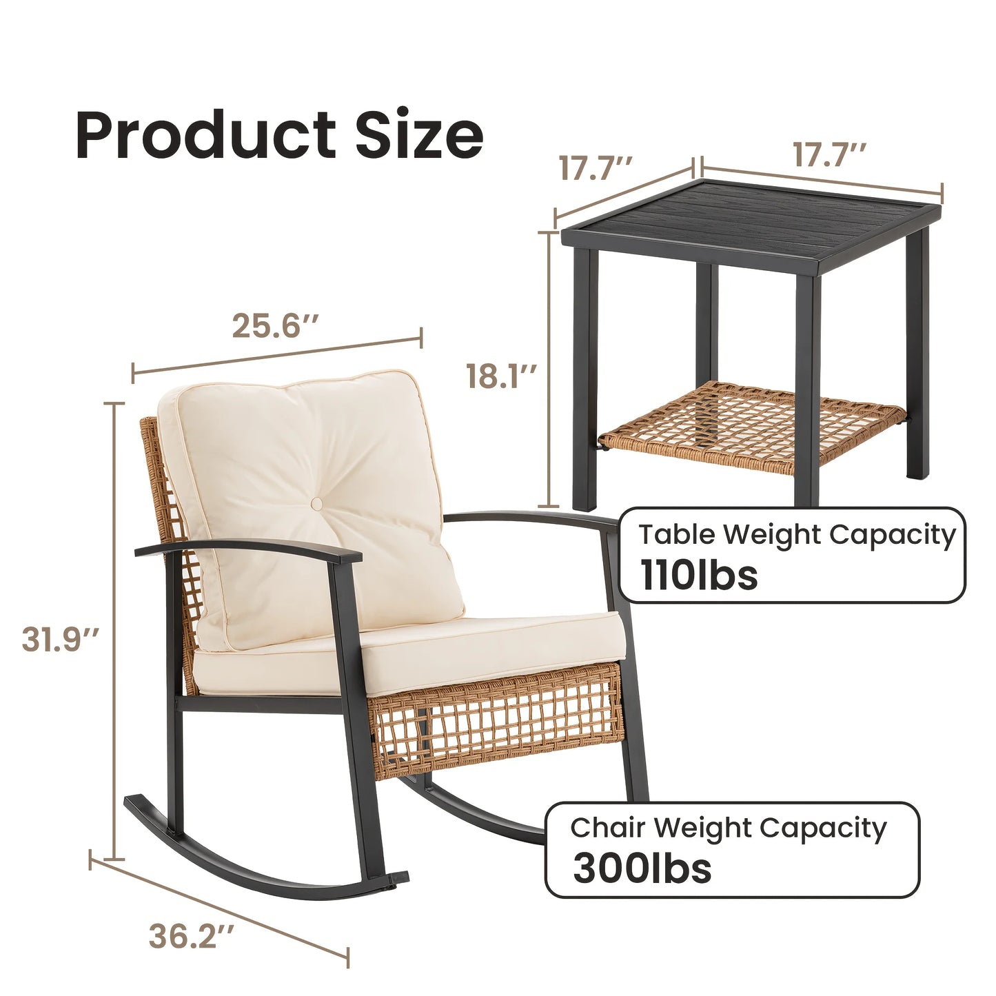 PIYRQ 3 Piece Rattan Rocking Chair Set Outdoor Patio Wicker Glider