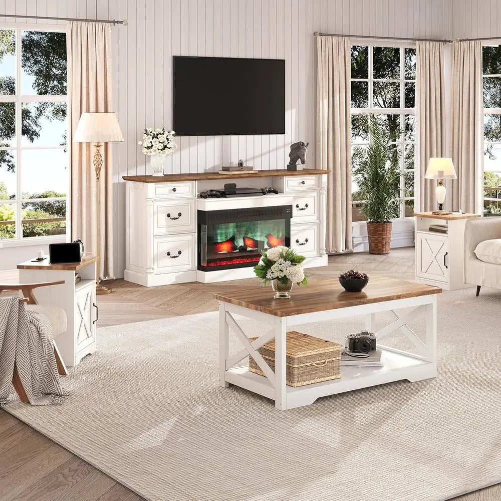 Rustic Armhouse Coffee Table Set With USB Charging Ports And End Tables