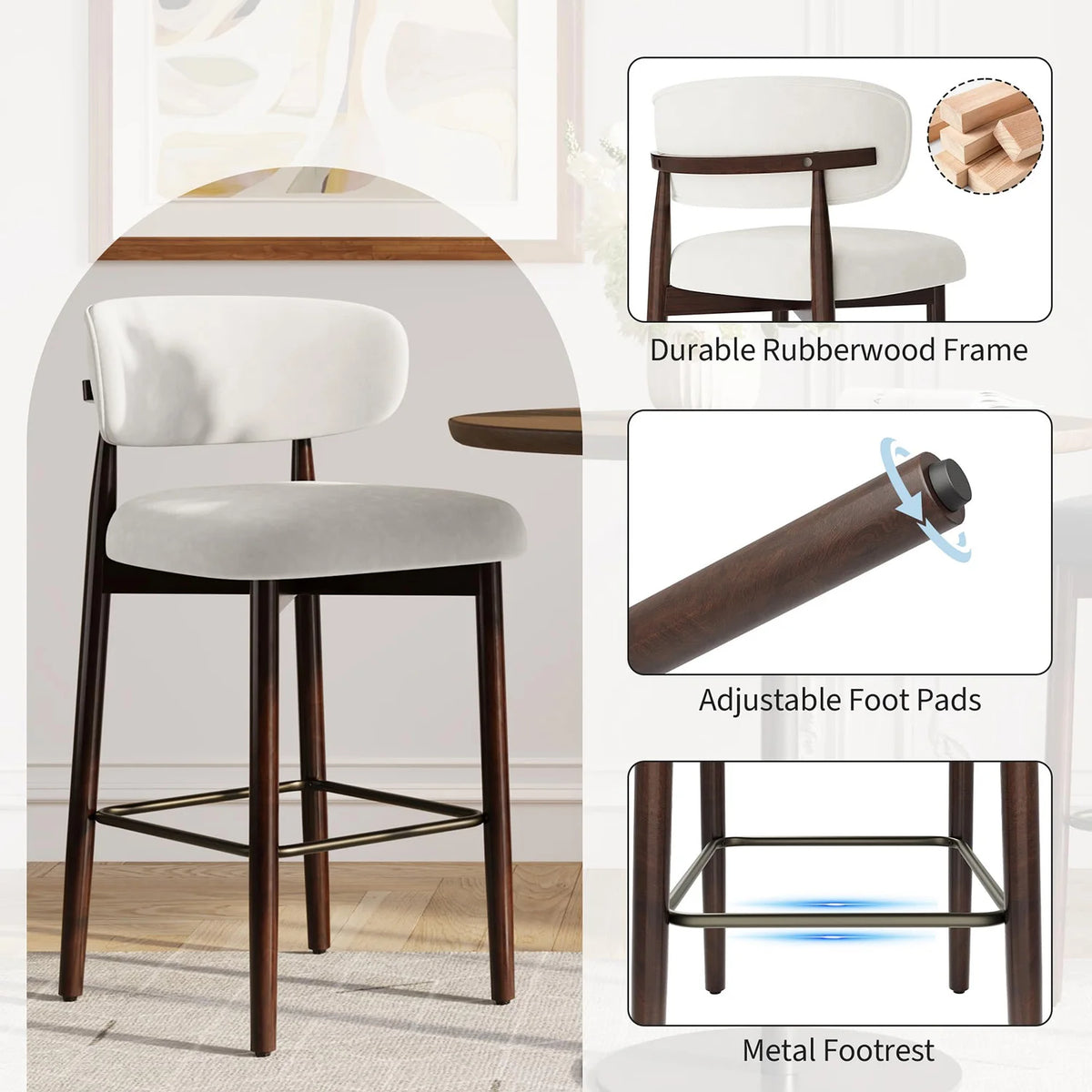 HiMISS Upholstered Counter Height Bar Stools With Back And Footrest