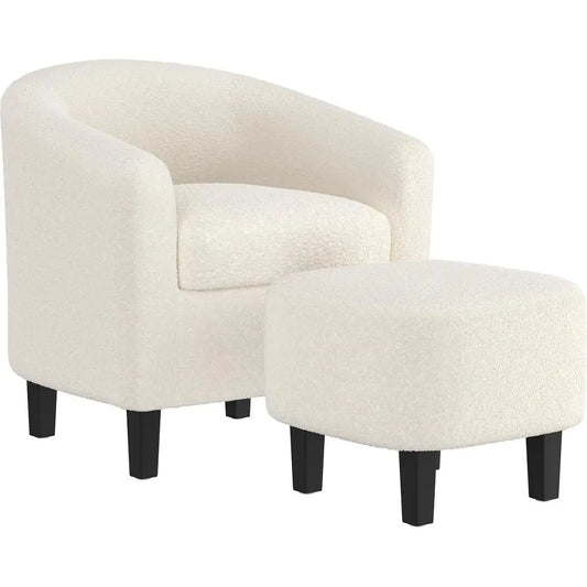 Barrel Chair With Ottoman Set in Boucle Fabric for Living Room