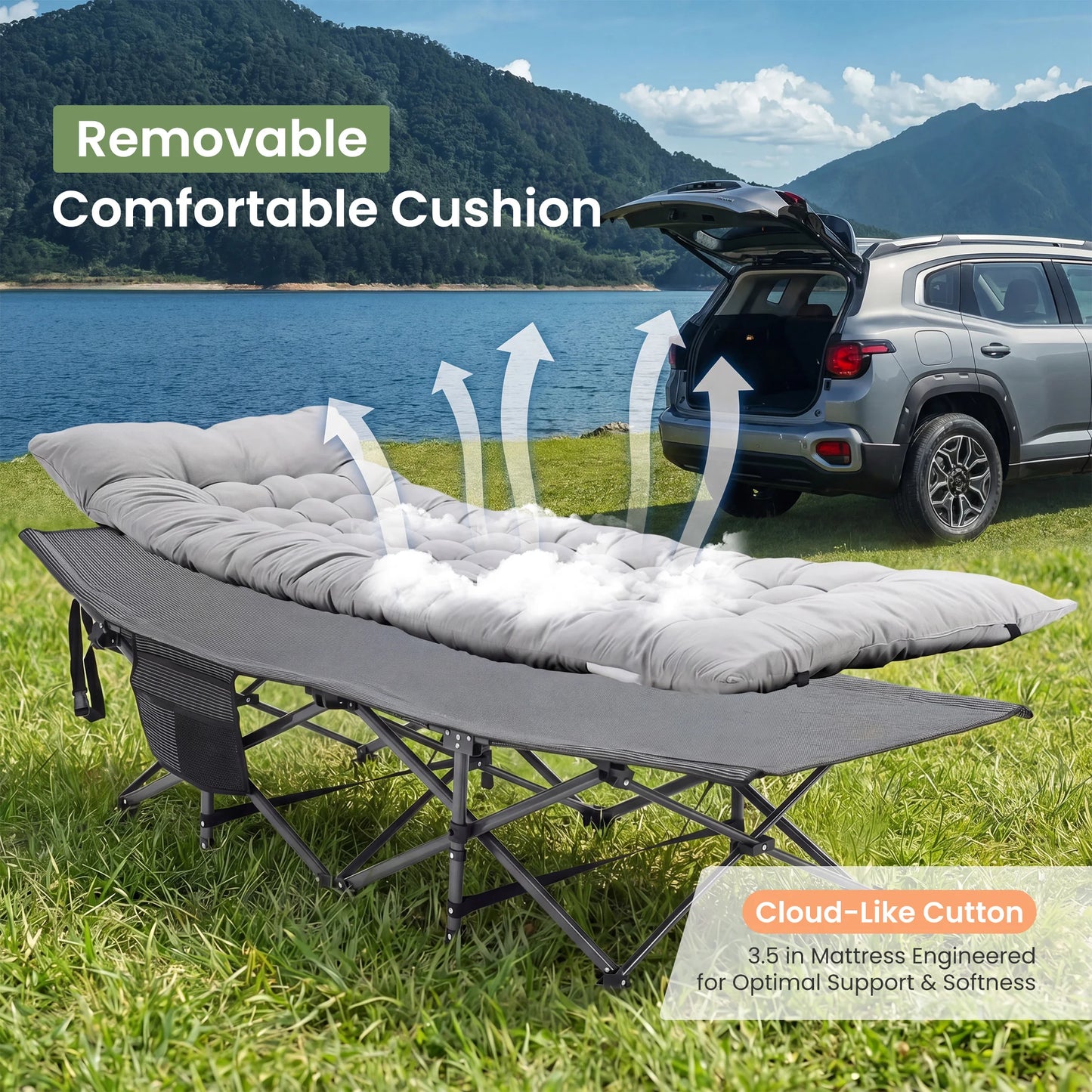 JHK Folding Camping Bed Lounge Chair 440 Lbs Sturdy Frame