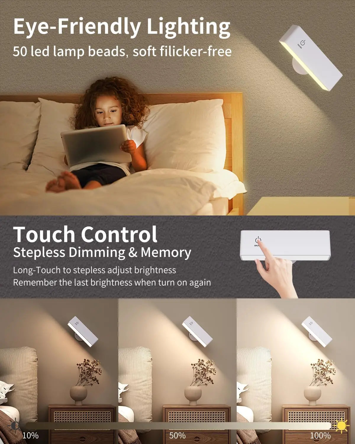 Rechargeable LED Wall Sconce Bedside Lamp USB Charge 360 Rotate