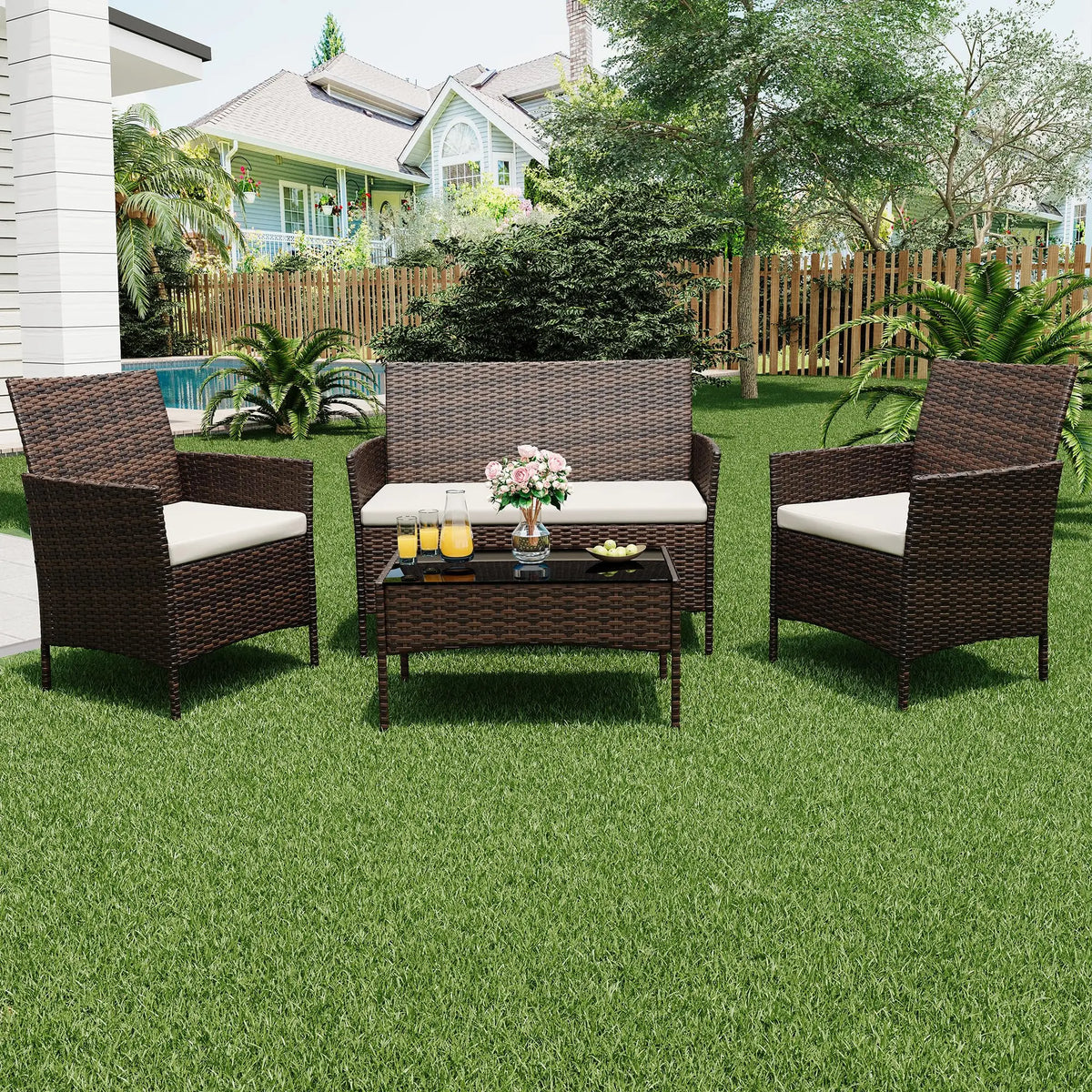 HiMISS Outdoor Rattan Patio Furniture Set With Cushions And Glass Table