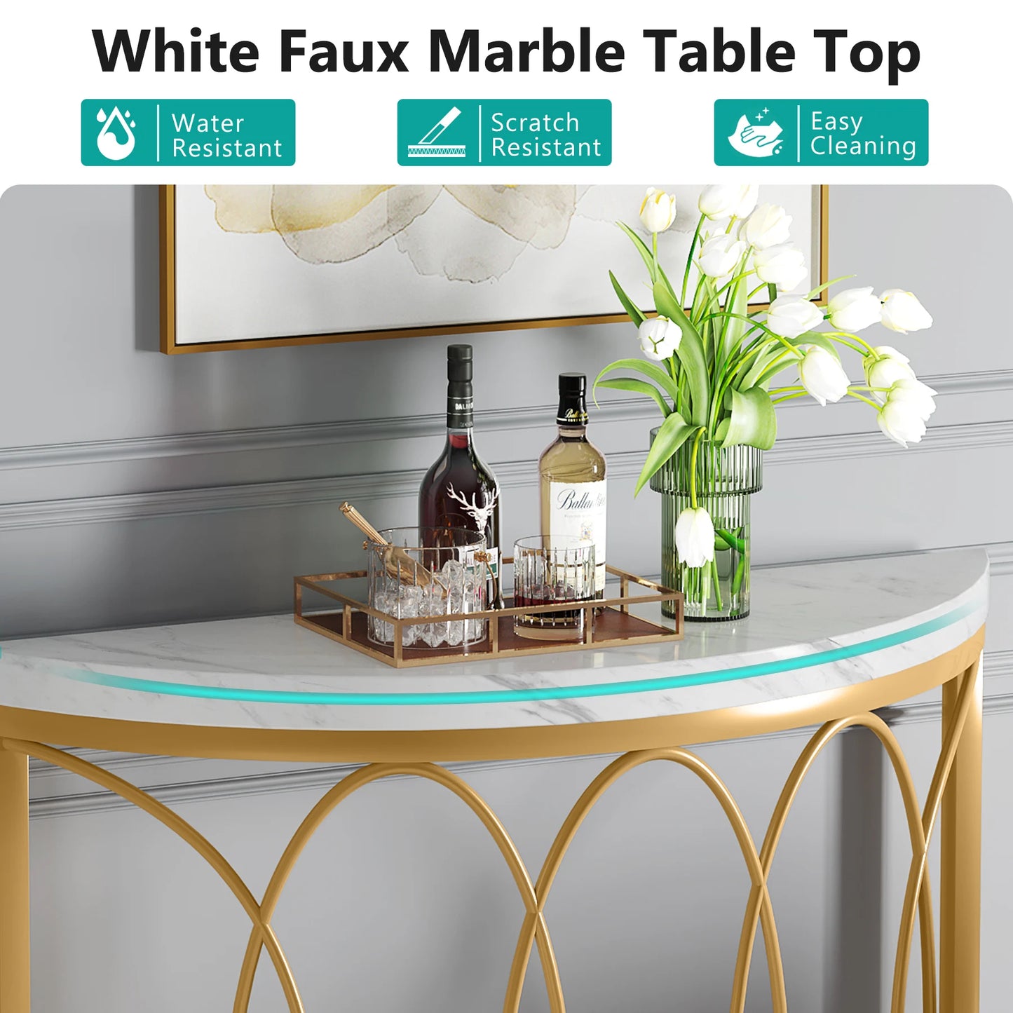Tribesigns Half Moon Console Table With Geometric Metal Frame