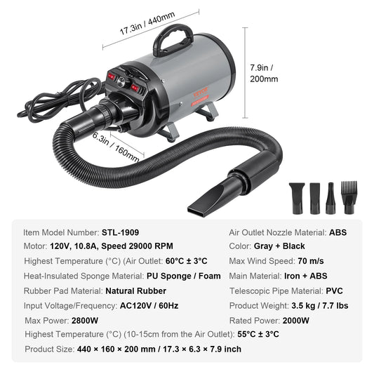 SucceBuy 2000W Dog Blow Dryer With Adjustable Speed Temperature For Pet Grooming