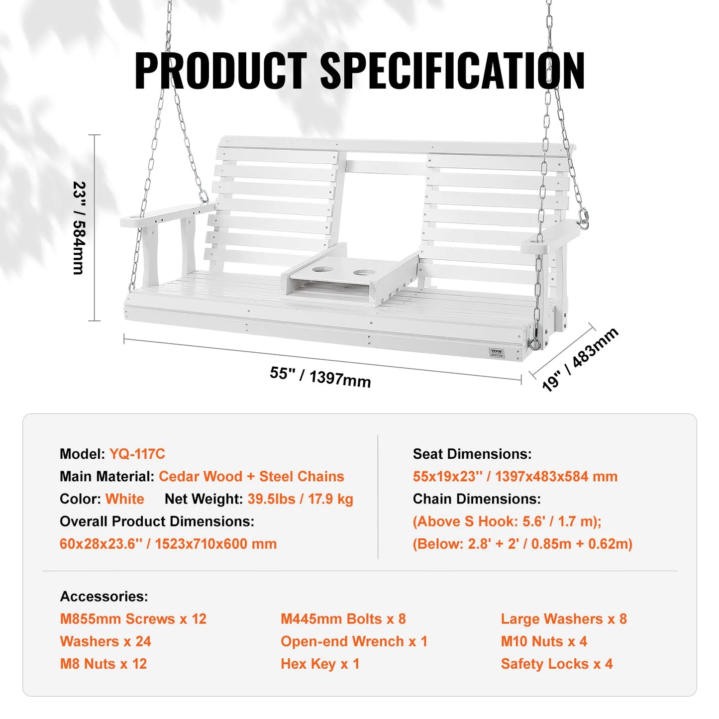 SucceBuy Cedar Wood Porch Swing Outdoor Bench With Steel Chains 880 LB Capacity