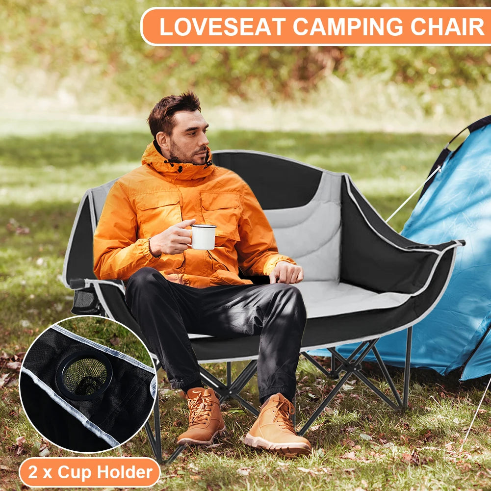 Double Folding Loveseat Camping Chair With Cup Holder Carry Bag