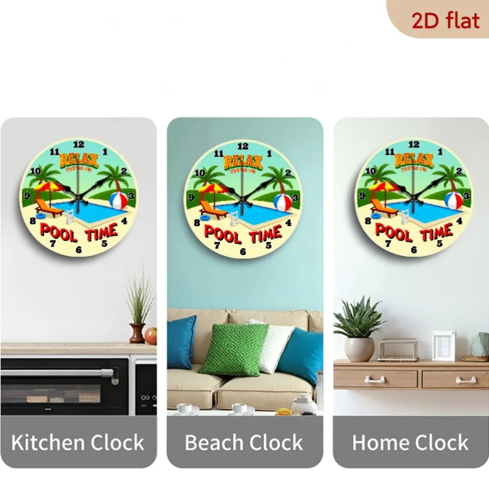 10 Inch Tropical Pool Time Wooden Wall Clock - Silent Non-Ticking Beach-Themed Pool Party Decor with Palm Trees, Lounge Chairs &