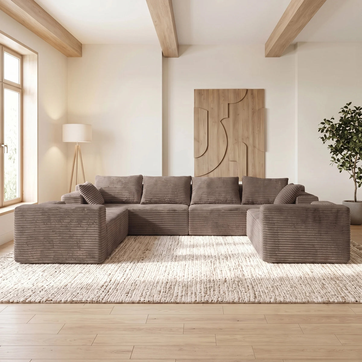 Modern U Shaped Corduroy Sectional Sofa With Comfortable Seating