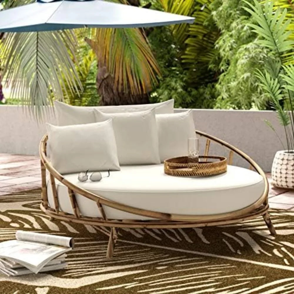 Rattan Bamboo Round Daybed Outdoor Sofa Chair Cushions And Pillows
