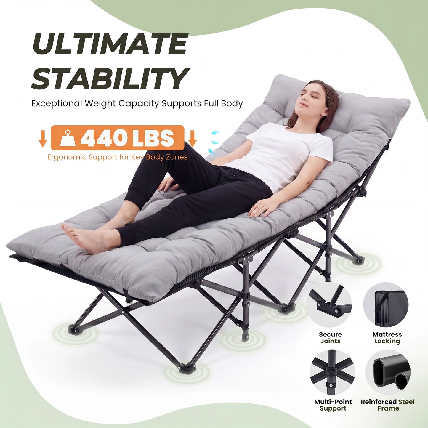 JHK Folding Camping Bed Lounge Chair 440 Lbs Sturdy Frame