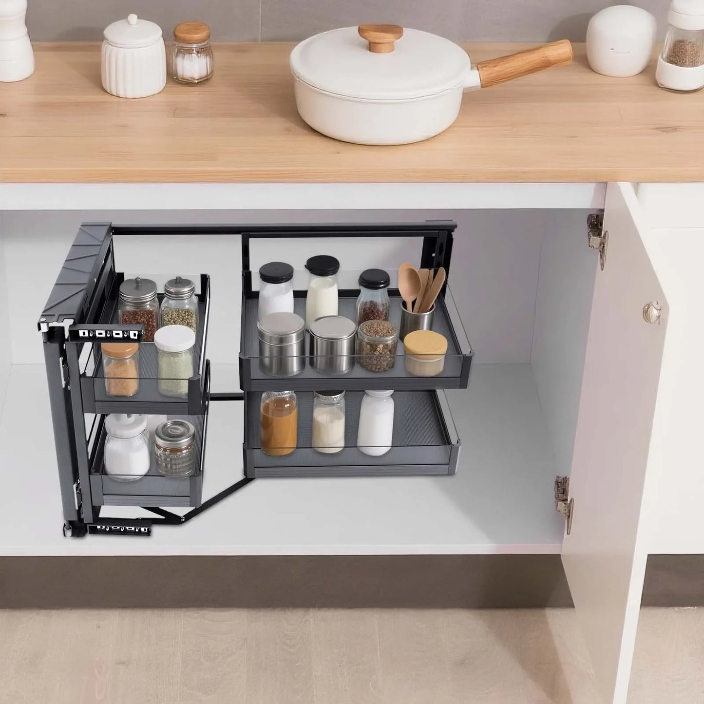 Two Tier Pull Out Cabinet Organizer With Adjustable Baskets
