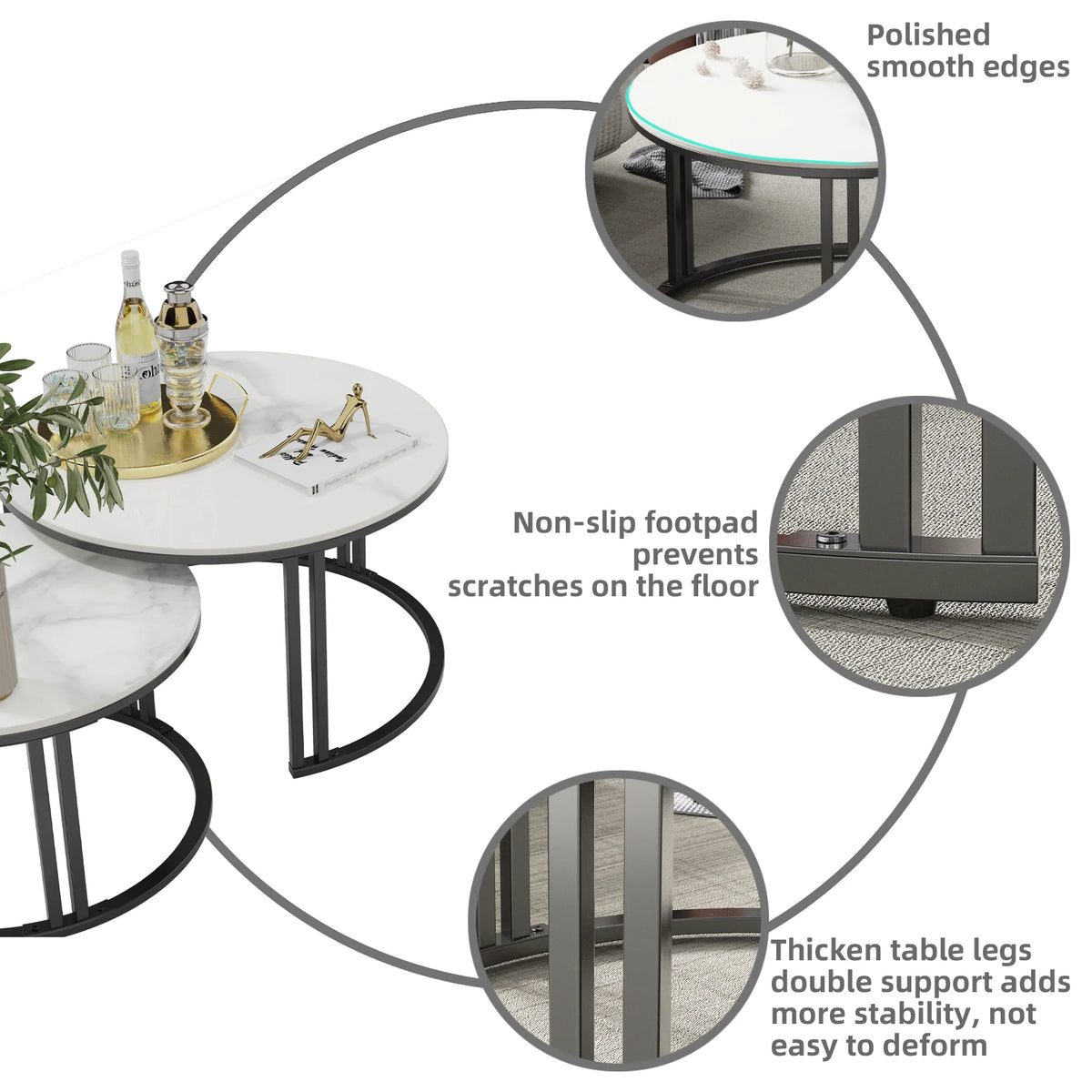 Modern Nesting Coffee Table Set With Marble Top Accent Tables