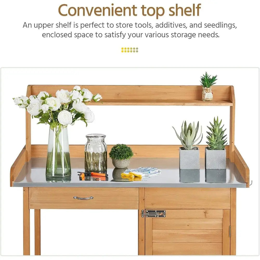 Wooden Outdoor Potting Bench With Metal Top Cabinet Drawer