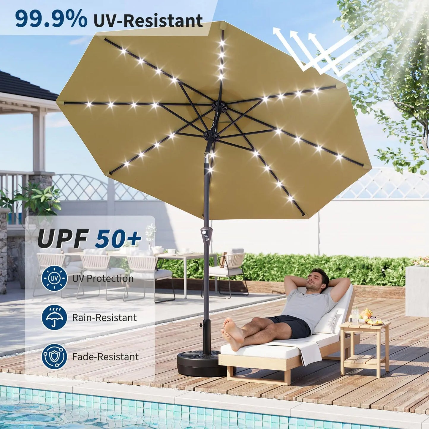 Studyset Solar Powered Patio Umbrella With 32 LED Lights Tilt