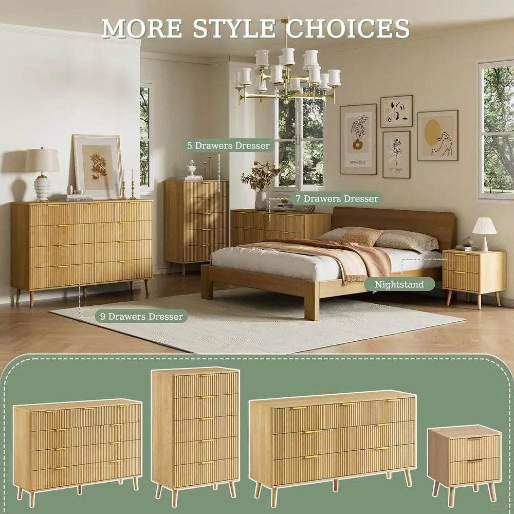 Nine Drawer Dresser With Curved Profile And Metal Handles