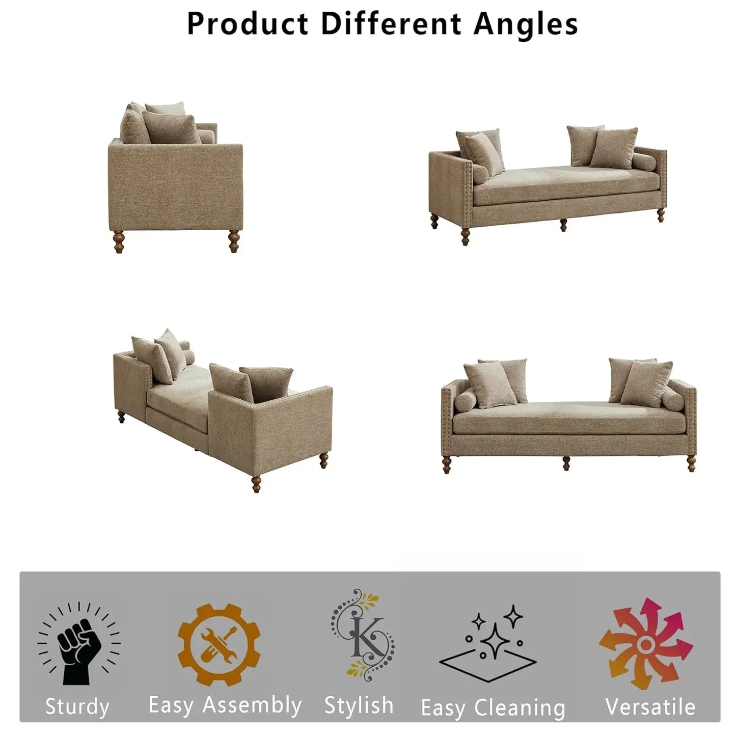 Indoor Chaise Lounge Sofa Chair Double Sided Chenille Ottoman Bench