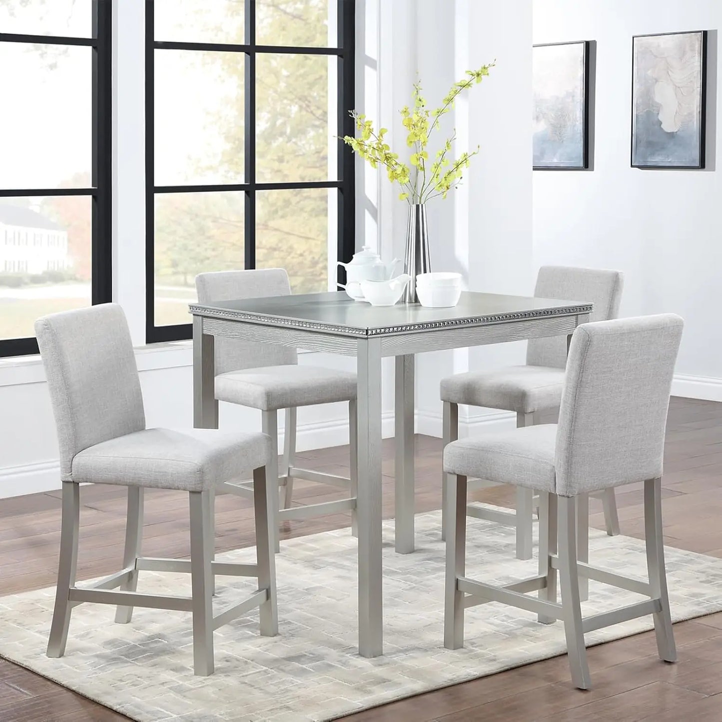 Solid Wood Dining Table Set For Four With Upholstered Chairs