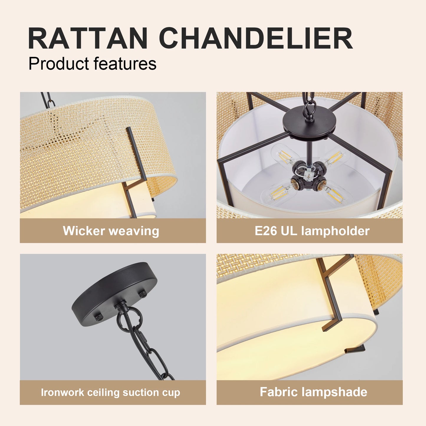 Zhikea Farmhouse Boho Chandelier With Rattan And Fabric Shade